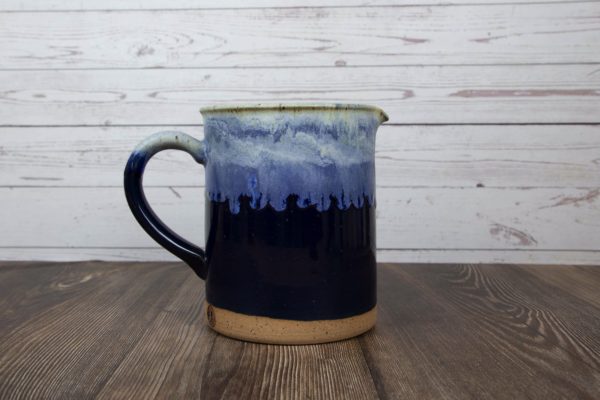 light blue and navy handmade pottery medium pitcher