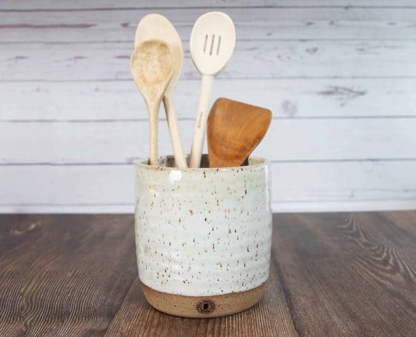 white handmade pottery utensil holder