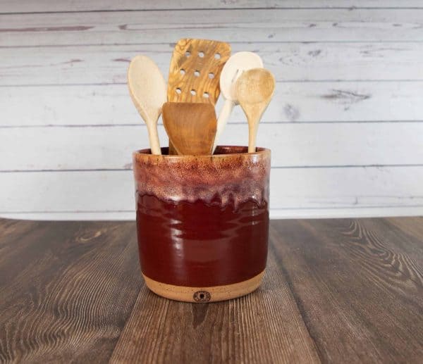 reddish brown handmade pottery utensil holder