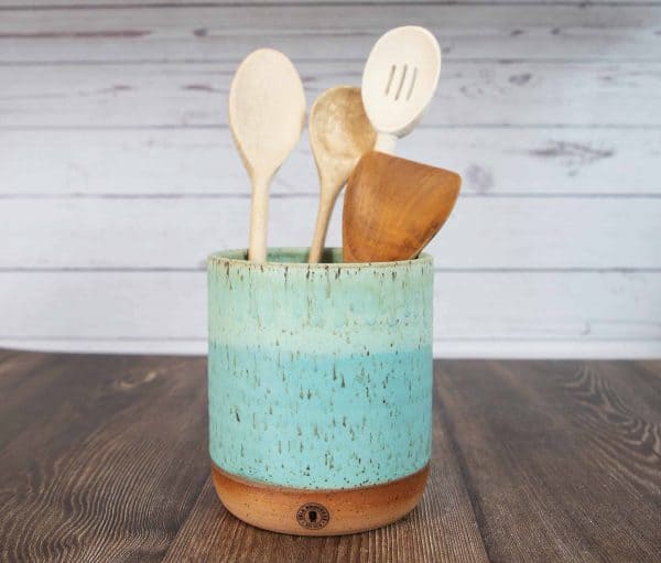 turquoise handmade pottery utensil holder