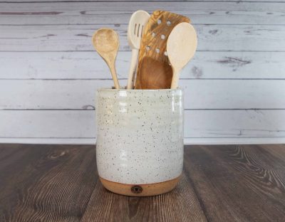 white handmade pottery utensil holder