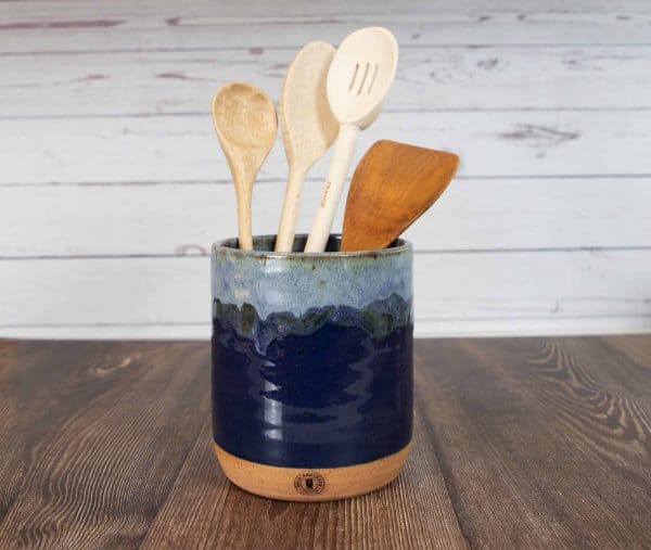 light blue and navy handmade pottery utensil holder