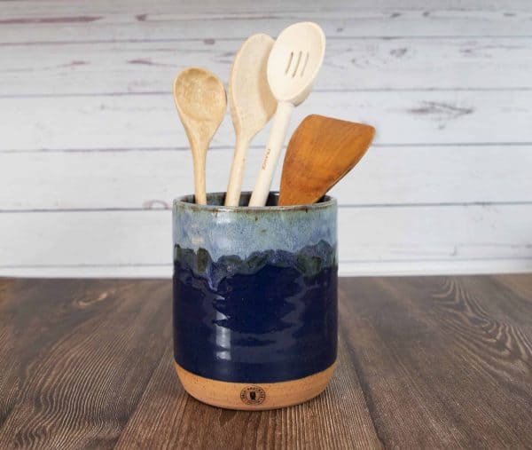 light blue and navy handmade pottery utensil holder
