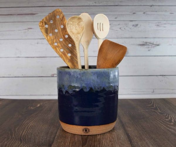 light blue and navy handmade pottery utensil holder