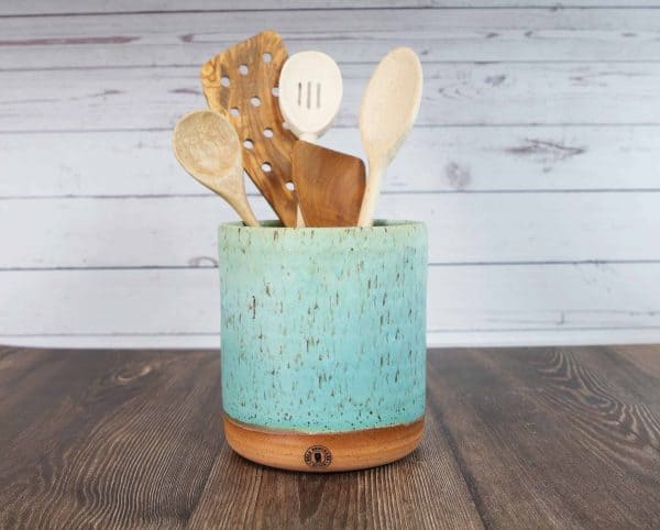 turquoise handmade pottery utensil holder