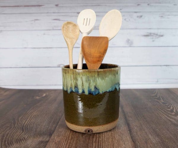 light green and brown handmade pottery utensil holder