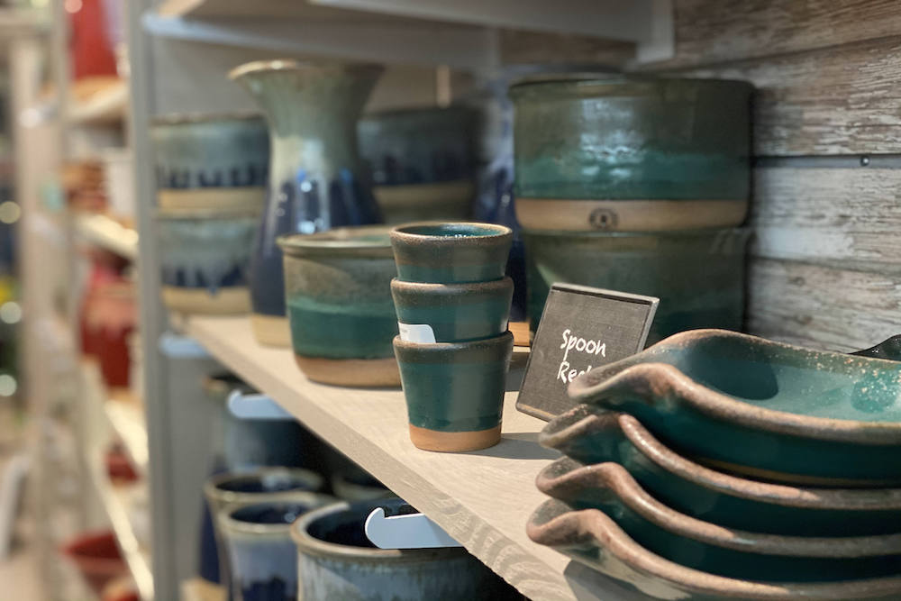 handmade pottery on a shelf