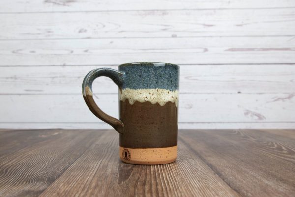 brown and blue handmade pottery straight mug