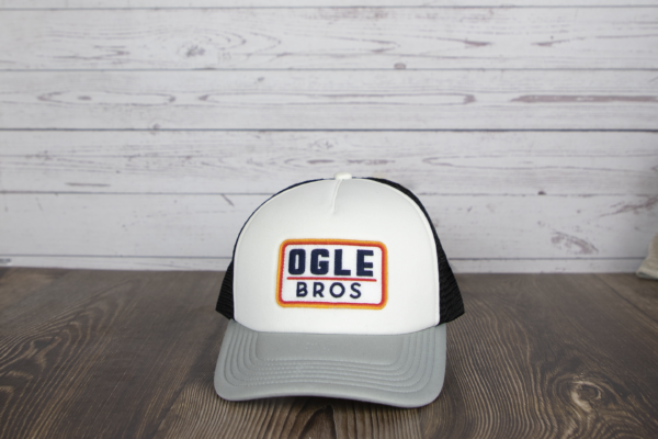 ogle brothers logo white gray black trucker hat