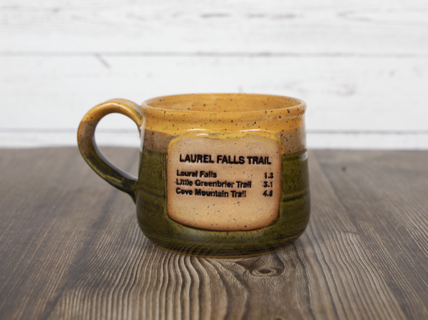 laurel falls trail sign mug olive handmade pottery