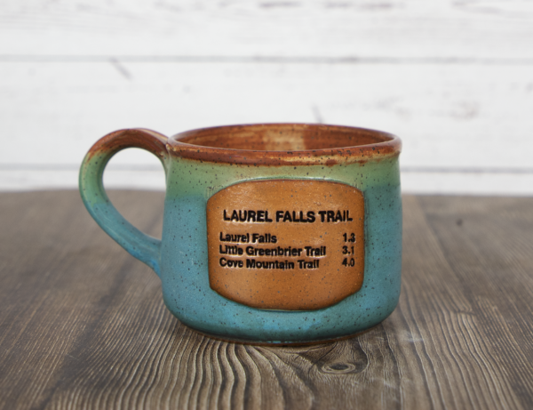 laurel falls trail sign mug turquoise handmade pottery