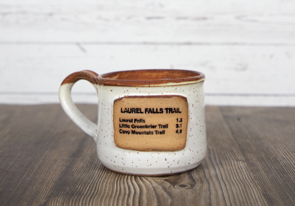 laurel falls trail sign mug white handmade pottery