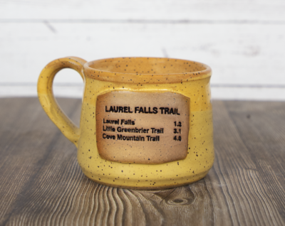 laurel falls trail sign yellow mug handmade pottery