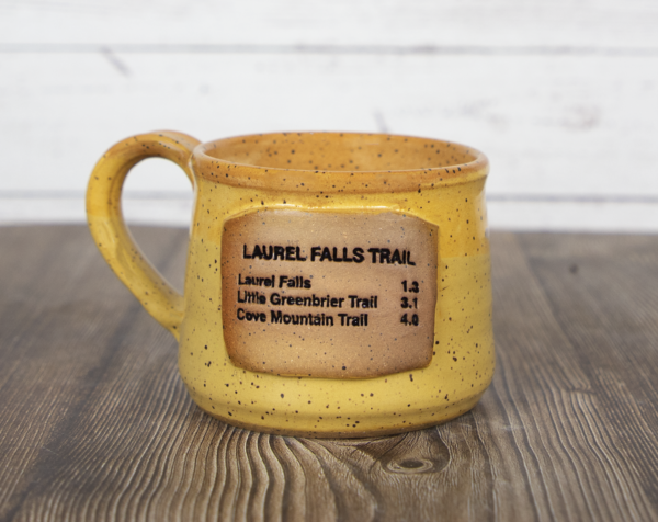 laurel falls trail sign yellow mug handmade pottery