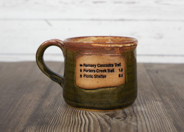 ramsey cascades sign trail mug olive handmade pottery
