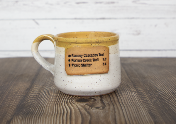 ramsey cascades trail sign mug white handmade pottery