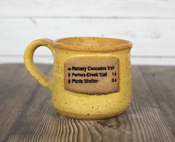 ramsey cascades trail sign mug handmade pottery