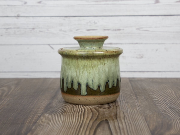 brown and light green sugar bowl handmade pottery