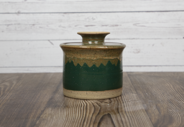 peacock green and tan sugar bowl handmade pottery