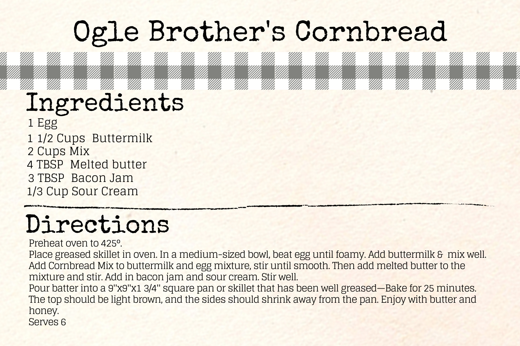 ogle brothers cornbread recipe card