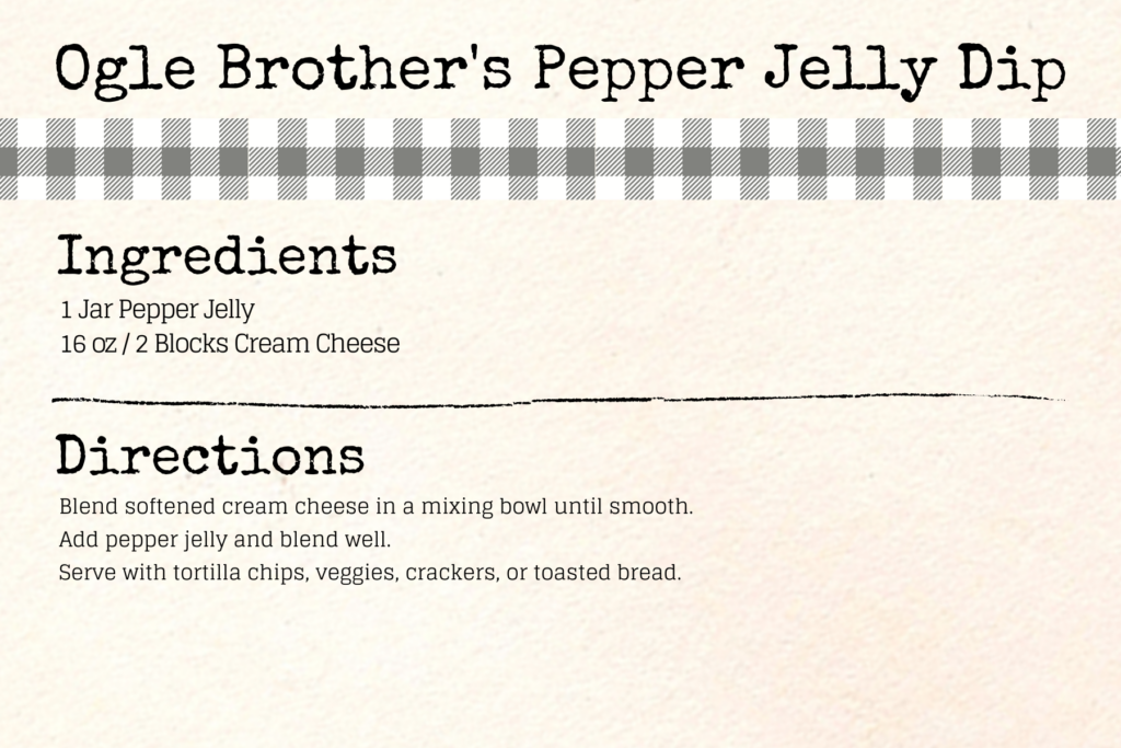 ogle brothers pepper jelly dip recipe card